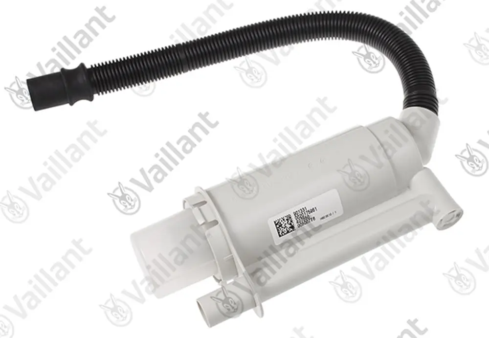 Vaillant-Siphon mit flexibler Leitung, in neutralem Design, für den Einsatz in entsprechenden Heizsystemen.